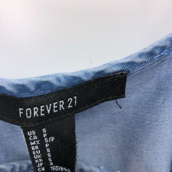 Forever 21 Small Mini Sundress Dress Ruffle Button Front Chambray Blue - Picture 7 of 15